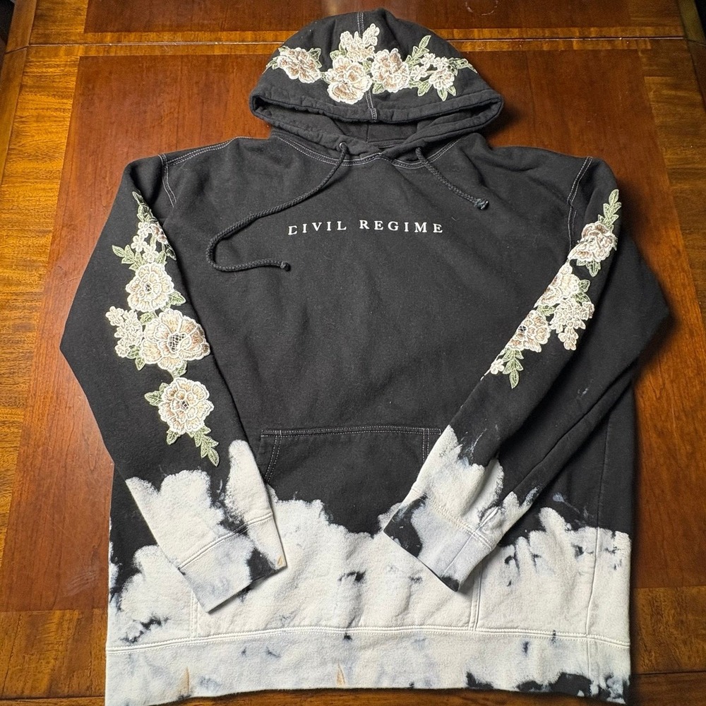 Civil Regime Floral Embroidered Bleach Dye Hoodie Size L